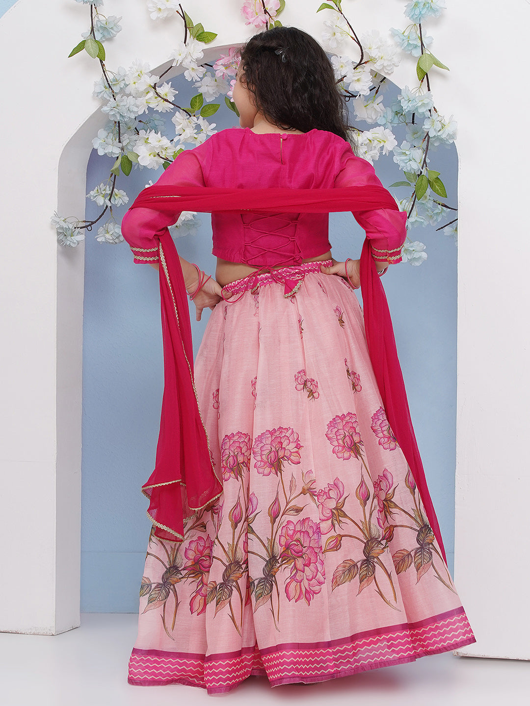 Bitiya by Bhama Girls Fuchsia Pink & Pink Flower Printed with Embroidered Choli, Pink Flower Printed Lehenga with Dupatta