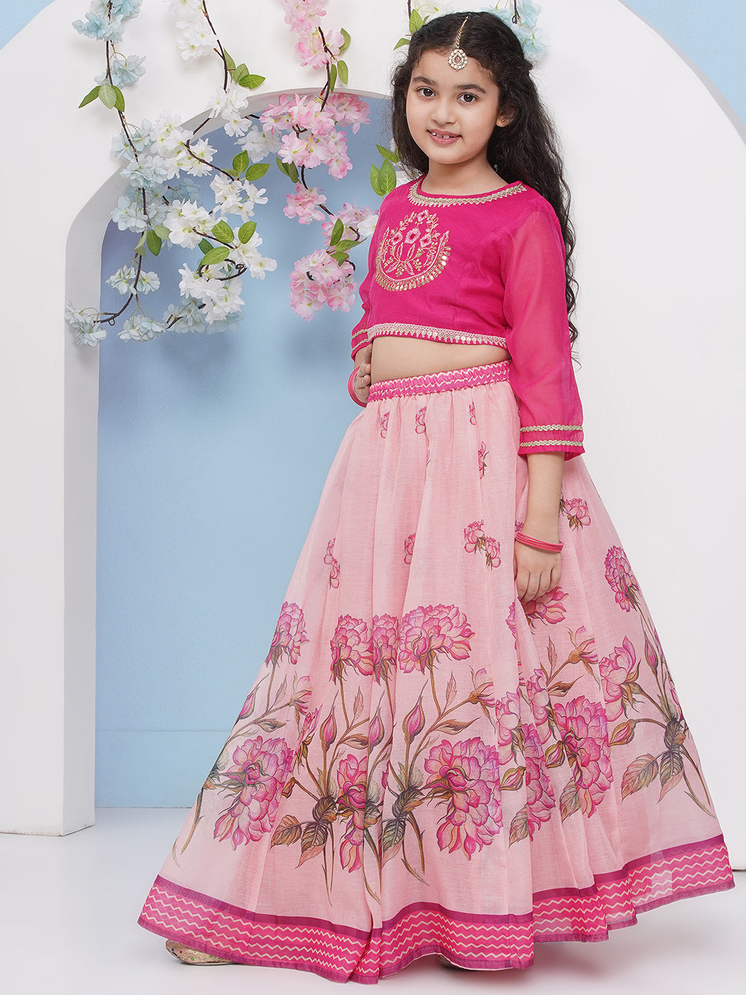 Bitiya by Bhama Girls Fuchsia Pink & Pink Flower Printed with Embroidered Choli, Pink Flower Printed Lehenga with Dupatta