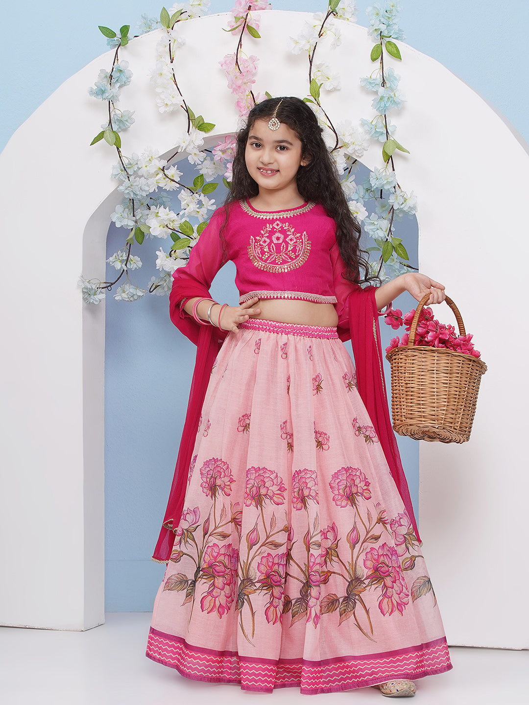 Bitiya by Bhama Girls Fuchsia Pink & Pink Flower Printed with Embroidered Choli, Pink Flower Printed Lehenga with Dupatta