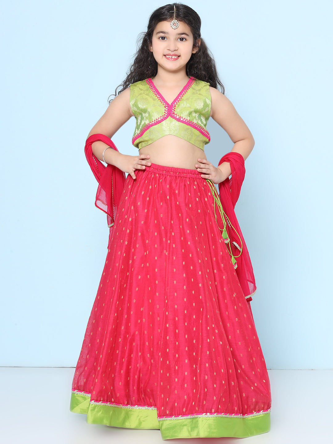 Bitiya by Bhama Girls Green & Pink Woven Design Choli, Ready to Wear Lehenga with Dupatta