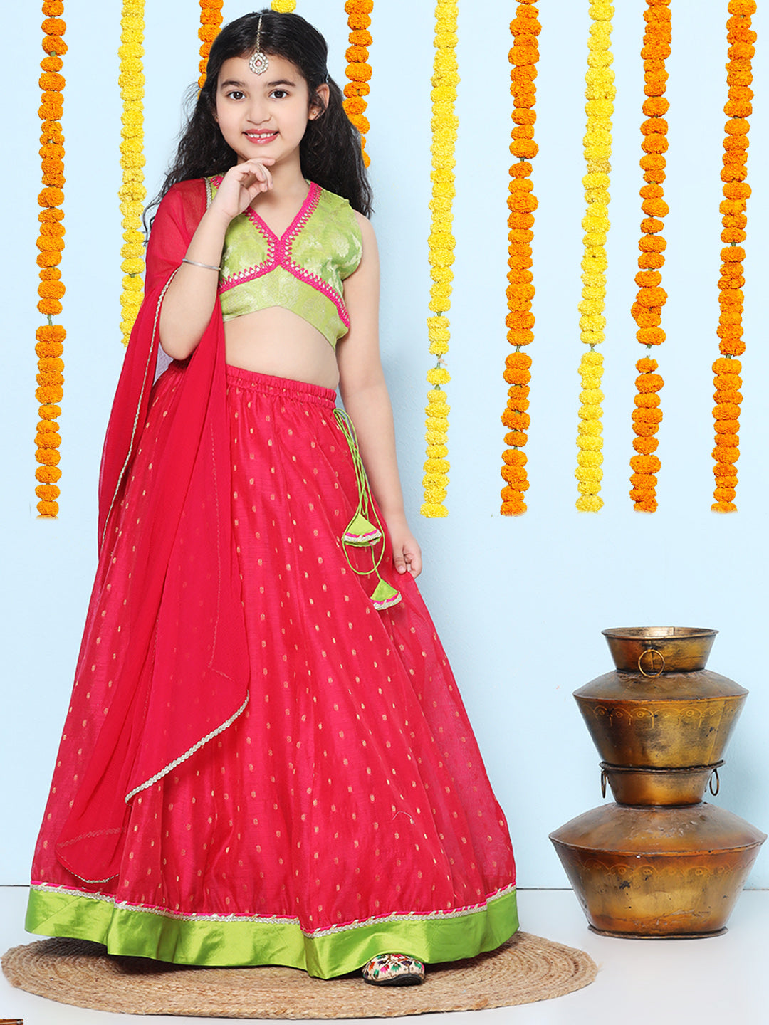 Bitiya by Bhama Girls Green & Pink Woven Design Choli, Ready to Wear Lehenga with Dupatta