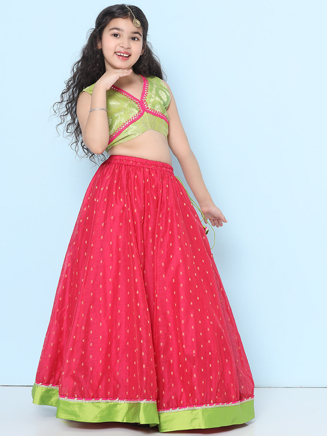 Bitiya by Bhama Girls Green & Pink Woven Design Choli, Ready to Wear Lehenga with Dupatta