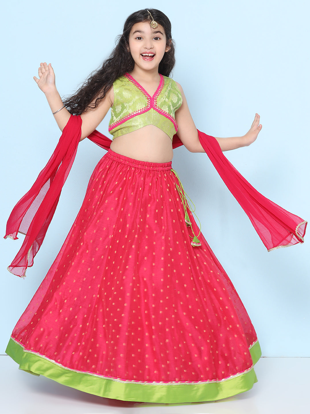 Bitiya by Bhama Girls Green & Pink Woven Design Choli, Ready to Wear Lehenga with Dupatta