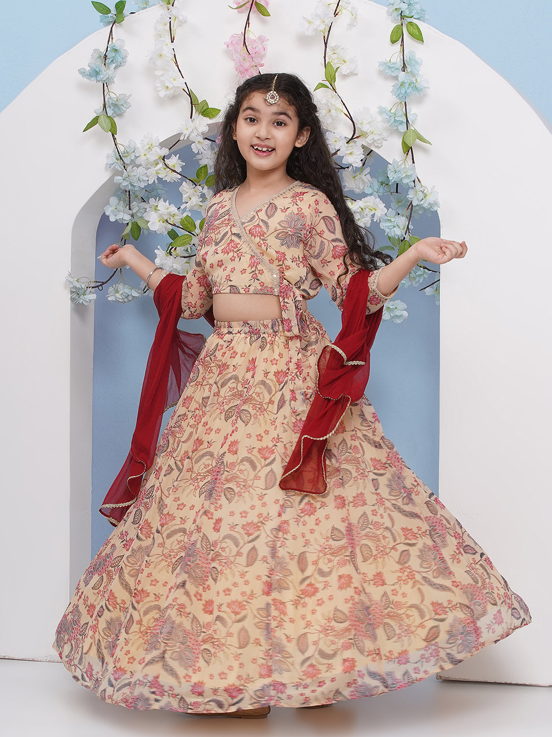 Bitiya by Bhama Girls Beige & Maroon Flower Jaal Printed Choli Ready to wear Lehenga with Dupatta
