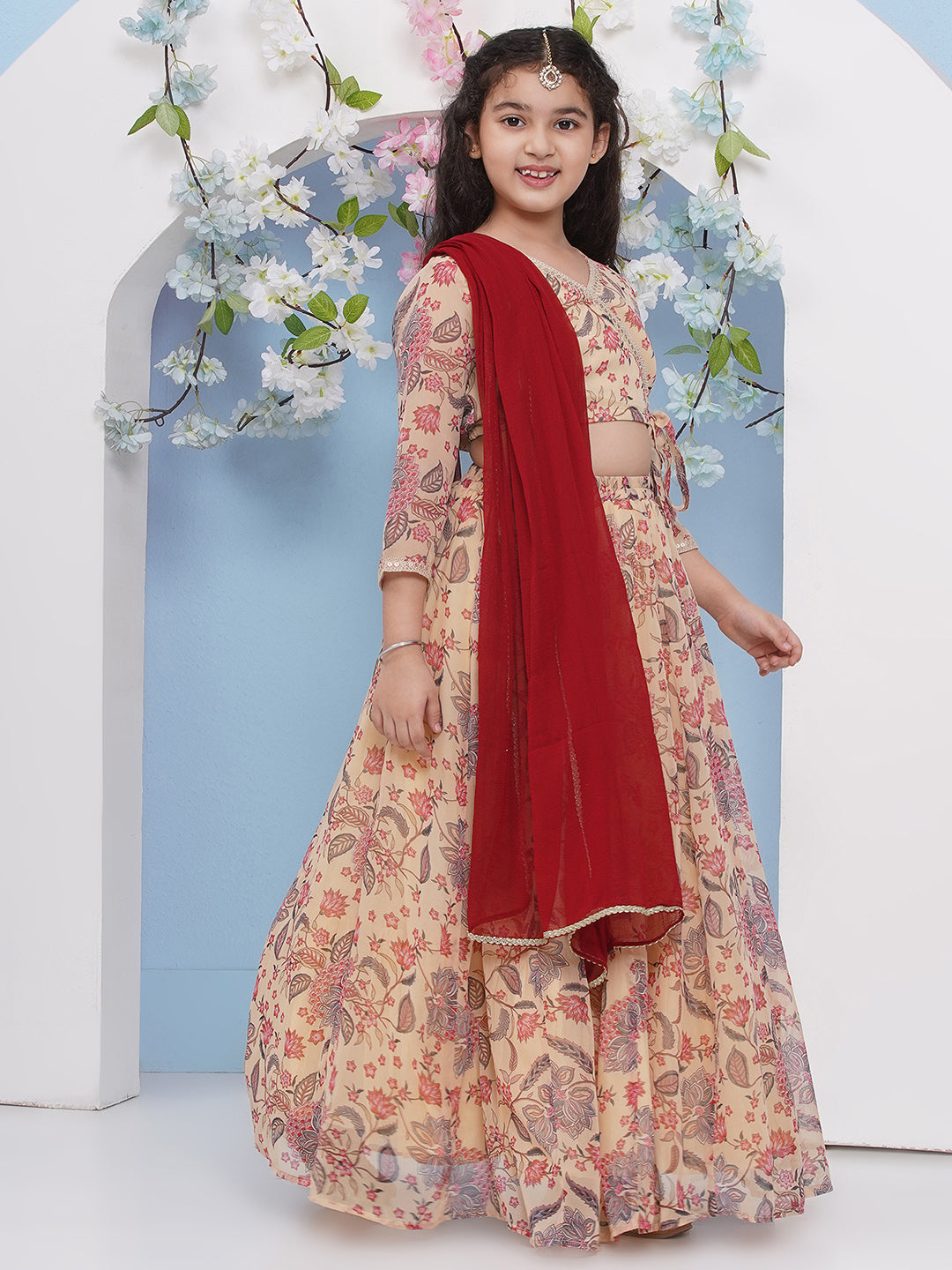 Bitiya by Bhama Girls Beige & Maroon Flower Jaal Printed Choli Ready to wear Lehenga with Dupatta