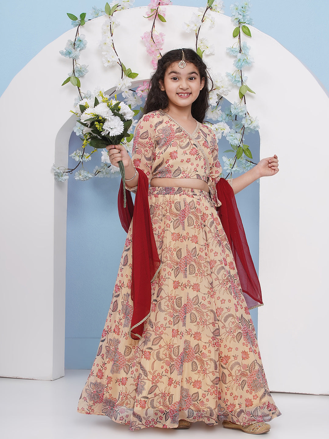 Bitiya by Bhama Girls Beige & Maroon Flower Jaal Printed Choli Ready to wear Lehenga with Dupatta