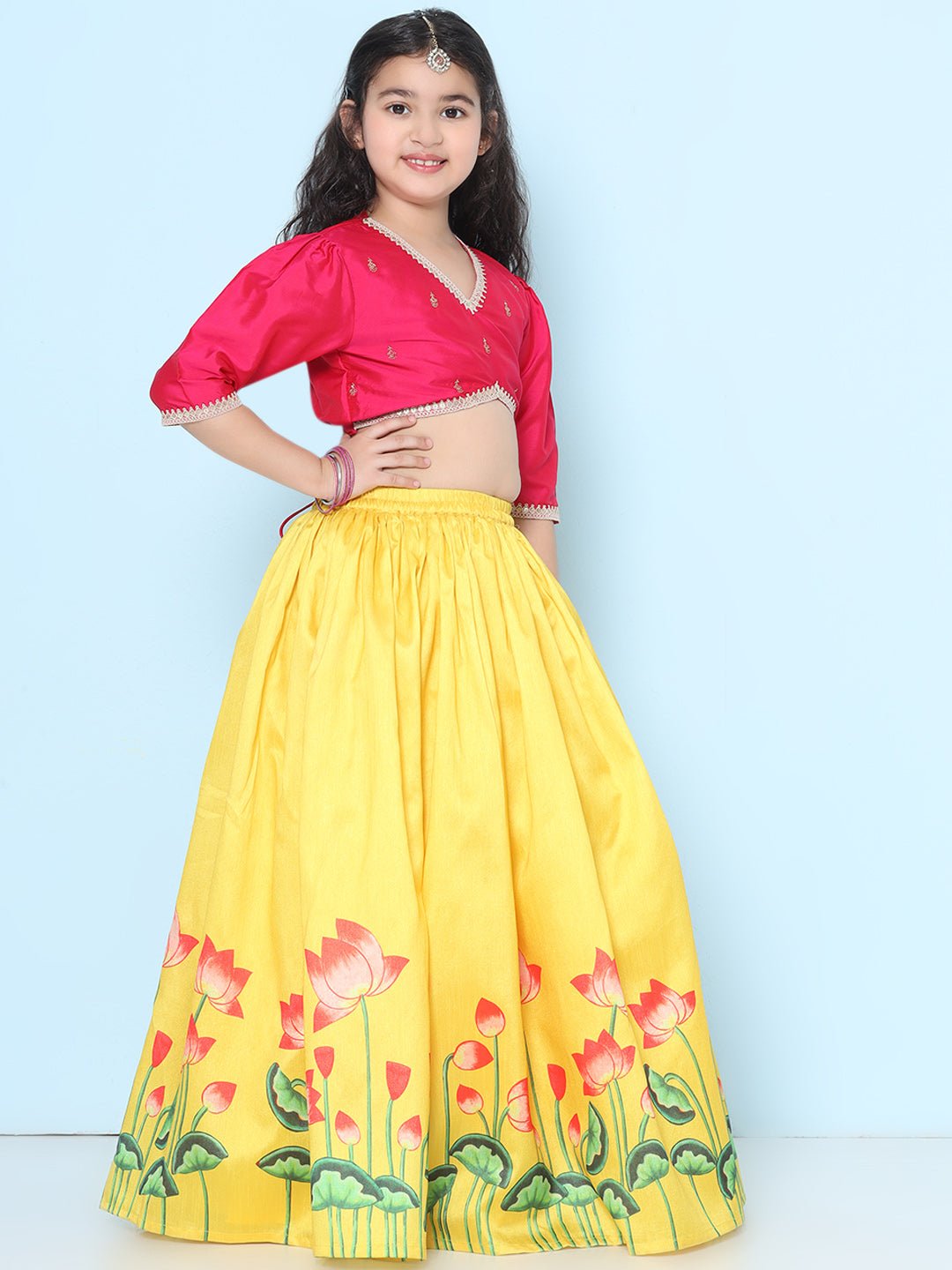 Bitiya by Bhama  Girls Pink Embroidered Choli Yellow Ready to Wear Lehenga With Dupatta