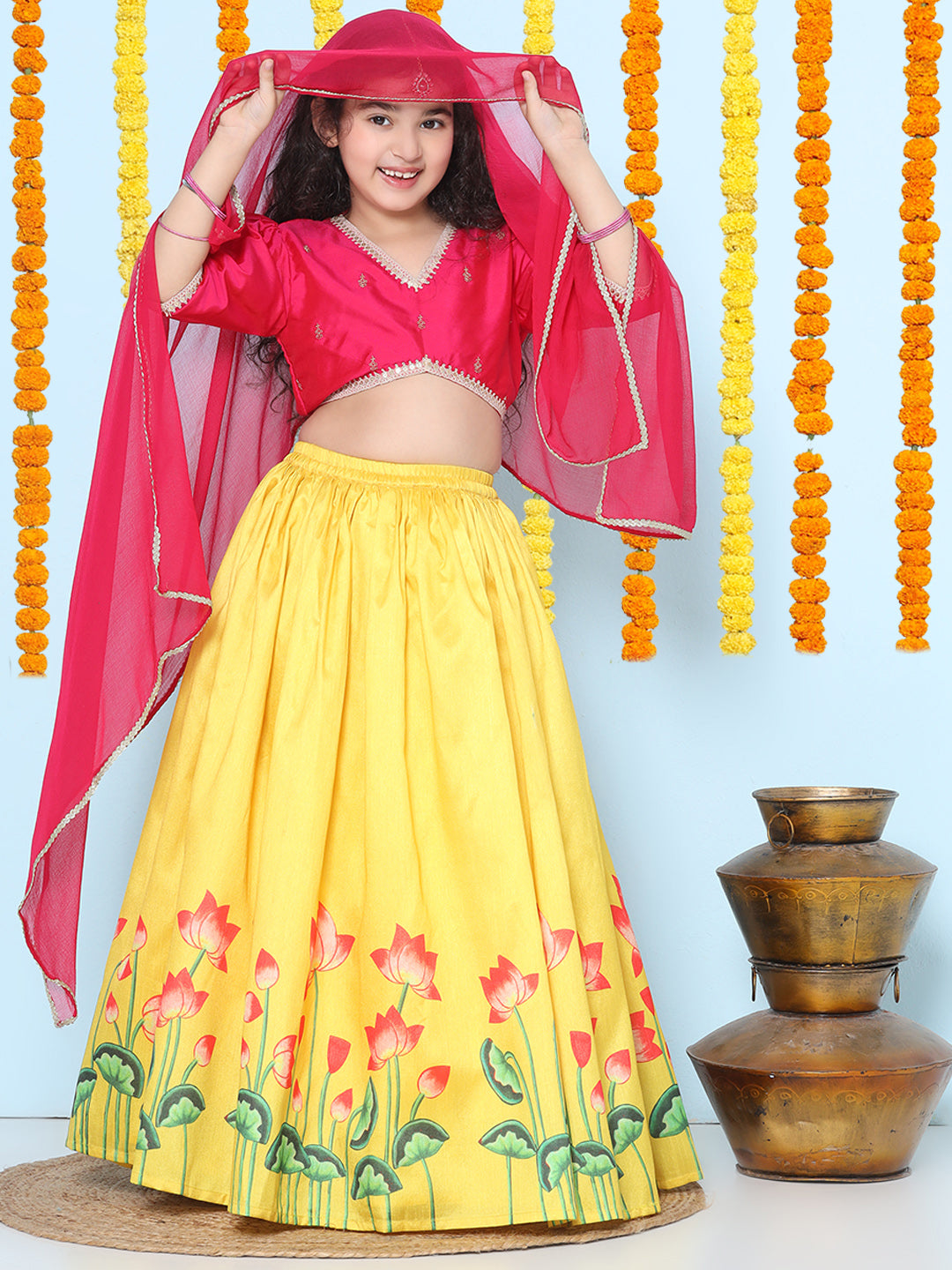 Bitiya by Bhama  Girls Pink Embroidered Choli Yellow Ready to Wear Lehenga With Dupatta
