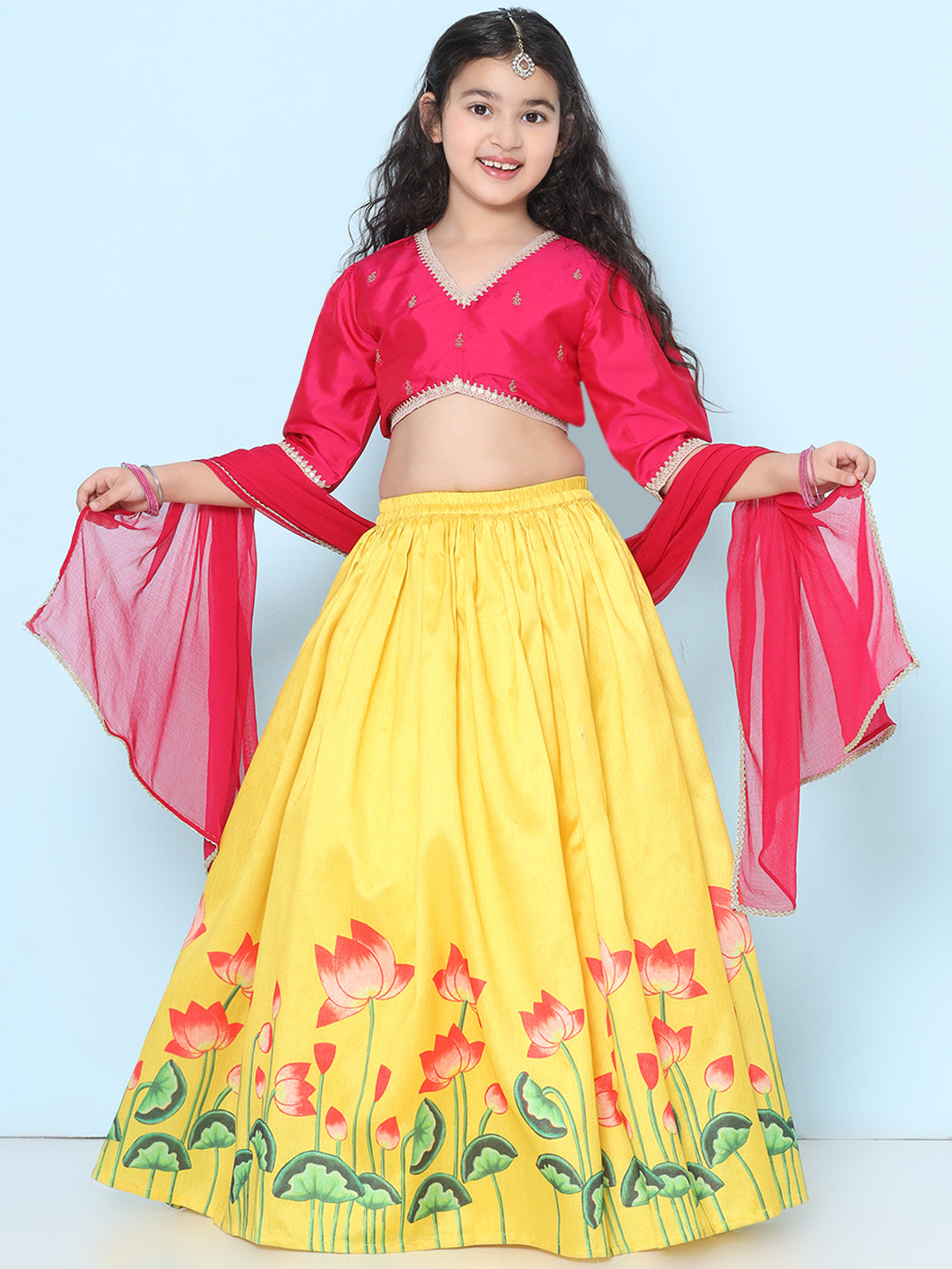 Bitiya by Bhama  Girls Pink Embroidered Choli Yellow Ready to Wear Lehenga With Dupatta