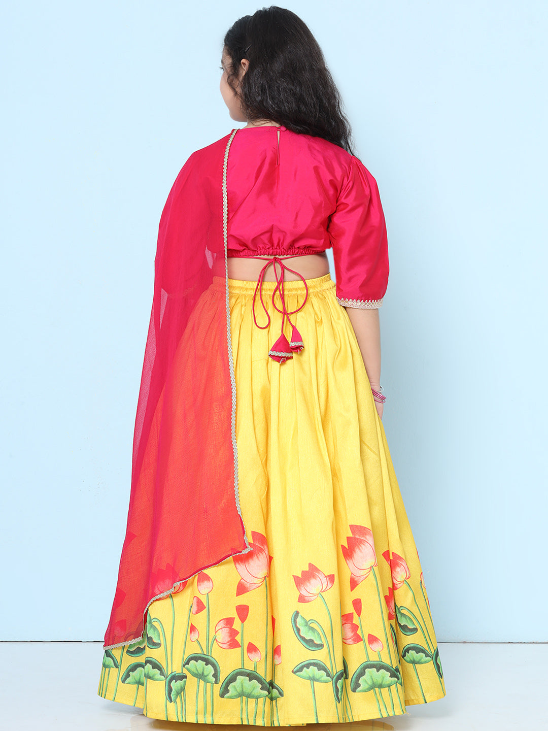 Bitiya by Bhama  Girls Pink Embroidered Choli Yellow Ready to Wear Lehenga With Dupatta