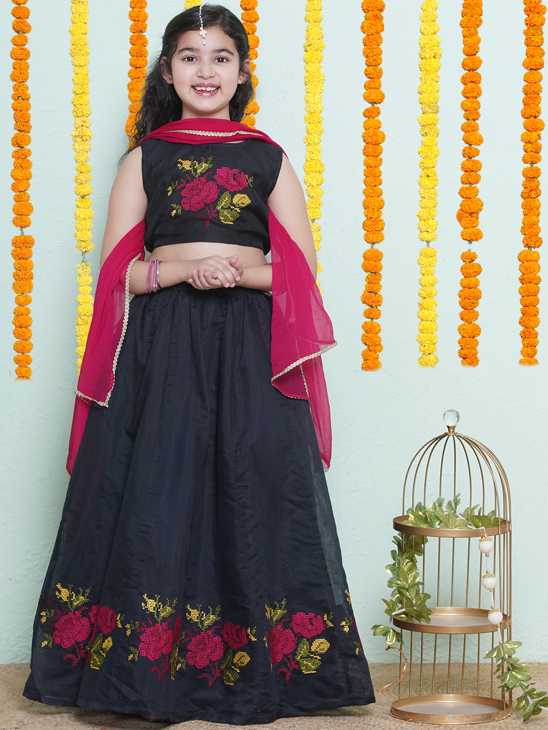 Bitiya by Bhama Girls Black & Pink Embroidered Ready to wear Lehenga choli with Dupatta