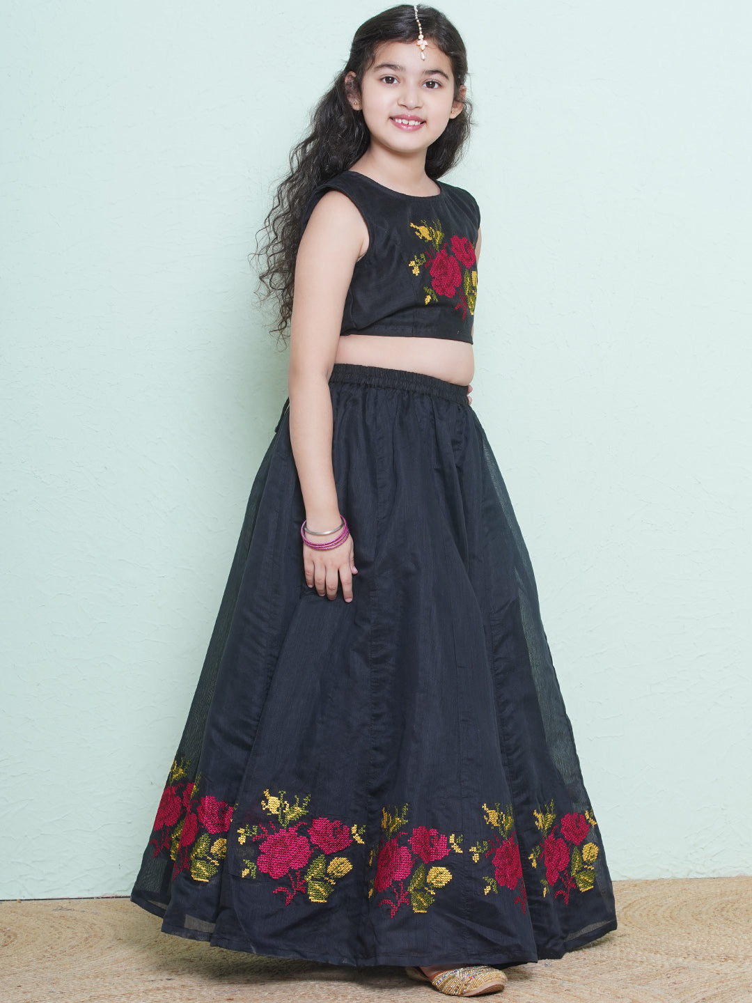 Bitiya by Bhama Girls Black & Pink Embroidered Ready to wear Lehenga choli with Dupatta