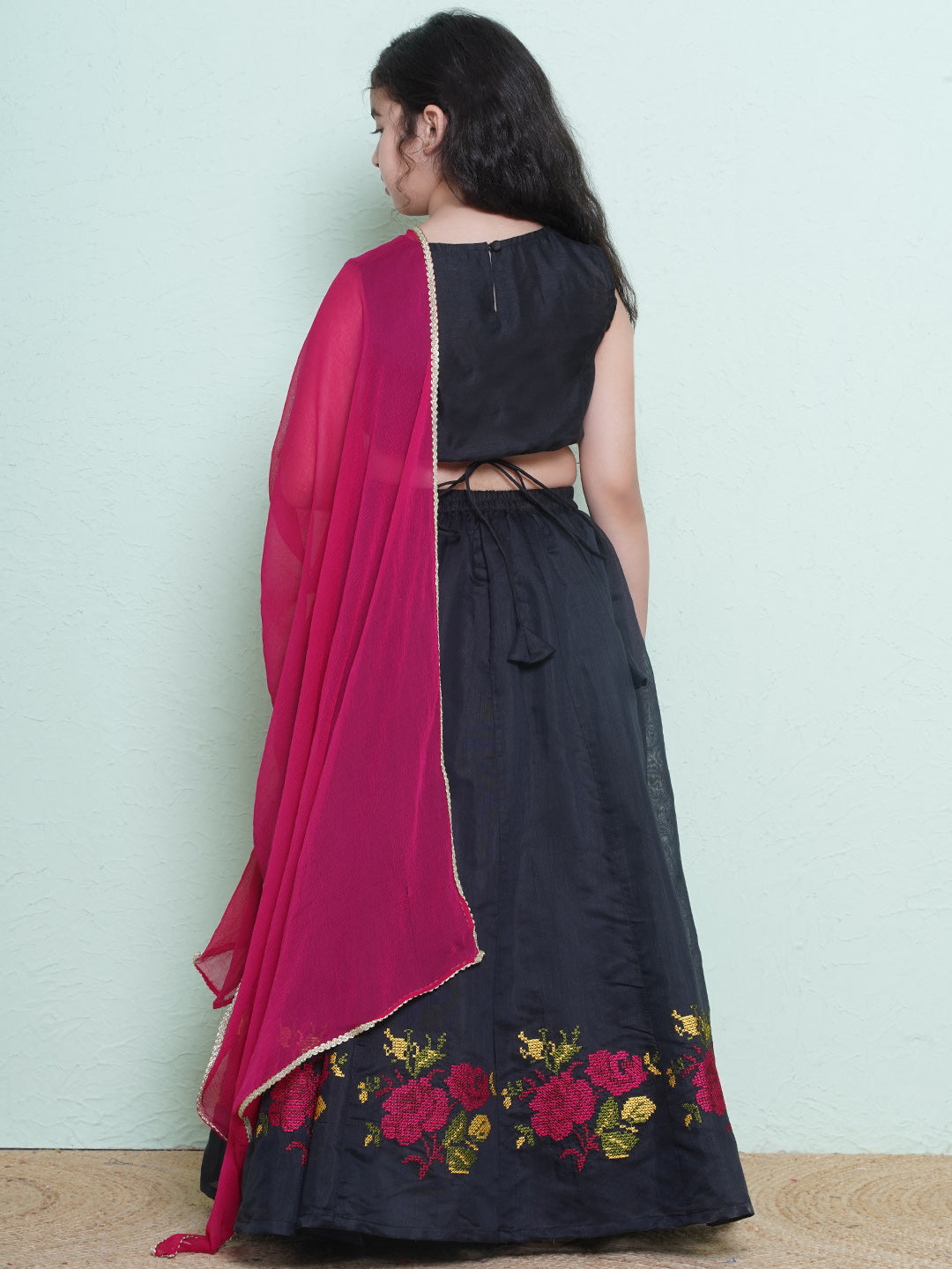 Bitiya by Bhama Girls Black & Pink Embroidered Ready to wear Lehenga choli with Dupatta