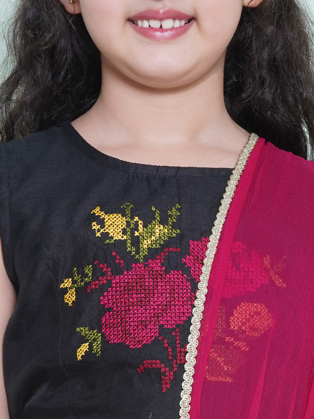 Bitiya by Bhama Girls Black & Pink Embroidered Ready to wear Lehenga choli with Dupatta