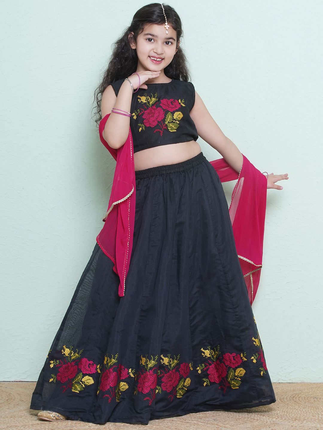 Bitiya by Bhama Girls Black & Pink Embroidered Ready to wear Lehenga choli with Dupatta