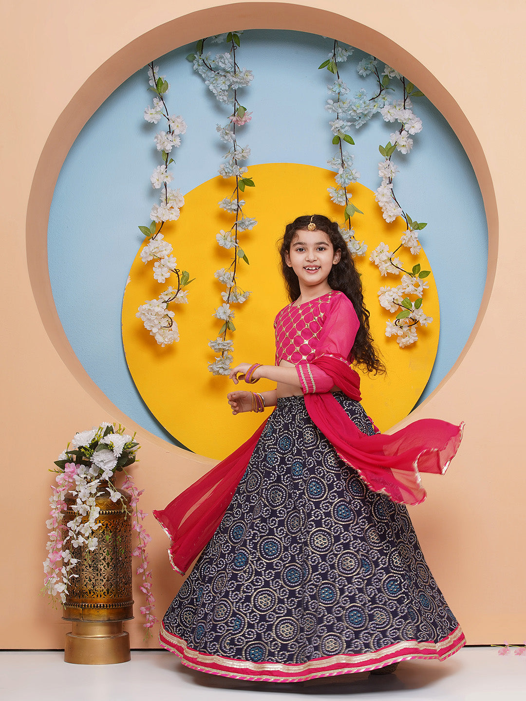 Bitiya by Bhama Girls Pink with Embroidered Choli, Navy Blue Bandhani Print Lace work Lehenga with Dupatta