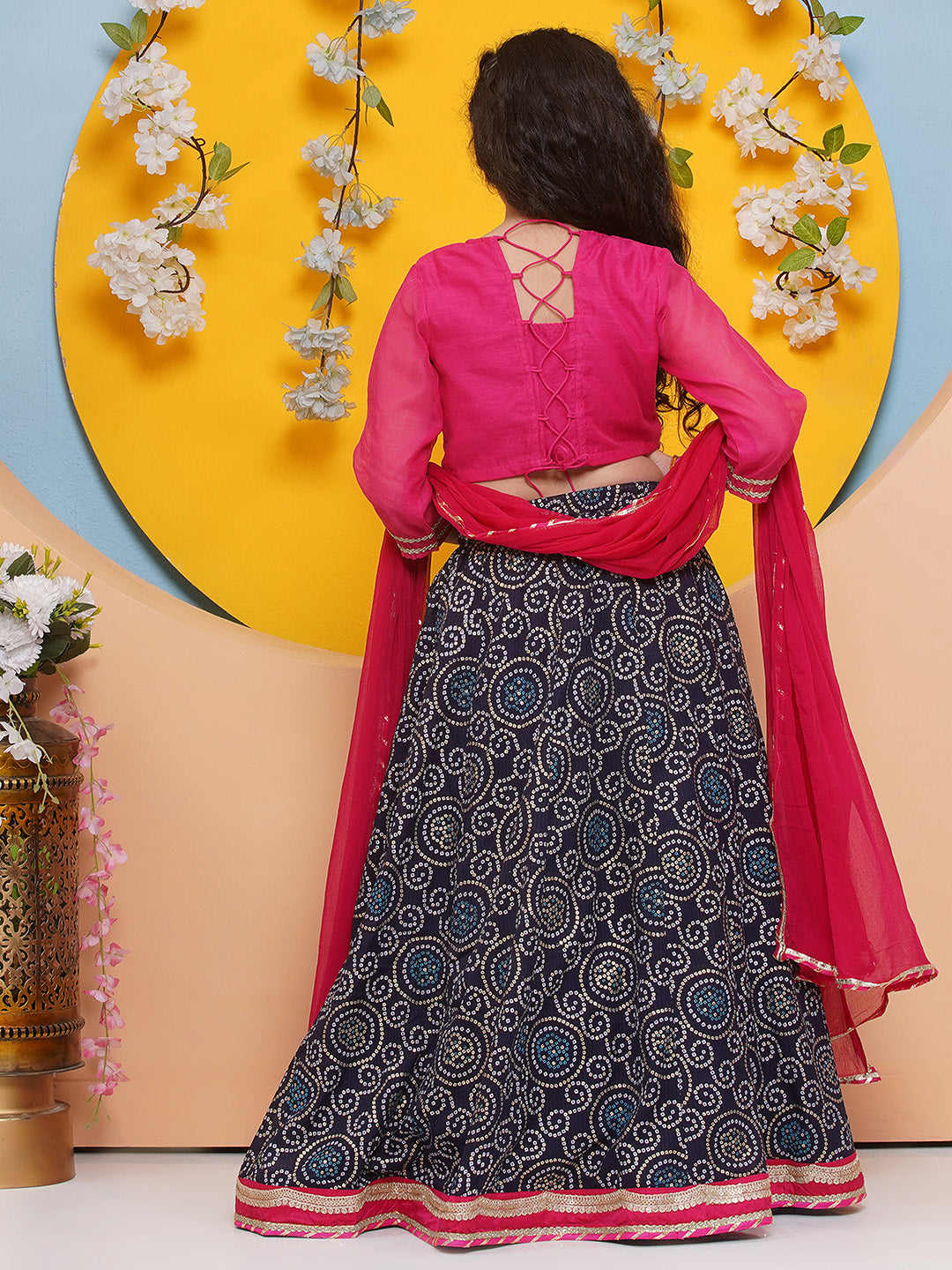 Bitiya by Bhama Girls Pink with Embroidered Choli, Navy Blue Bandhani Print Lace work Lehenga with Dupatta