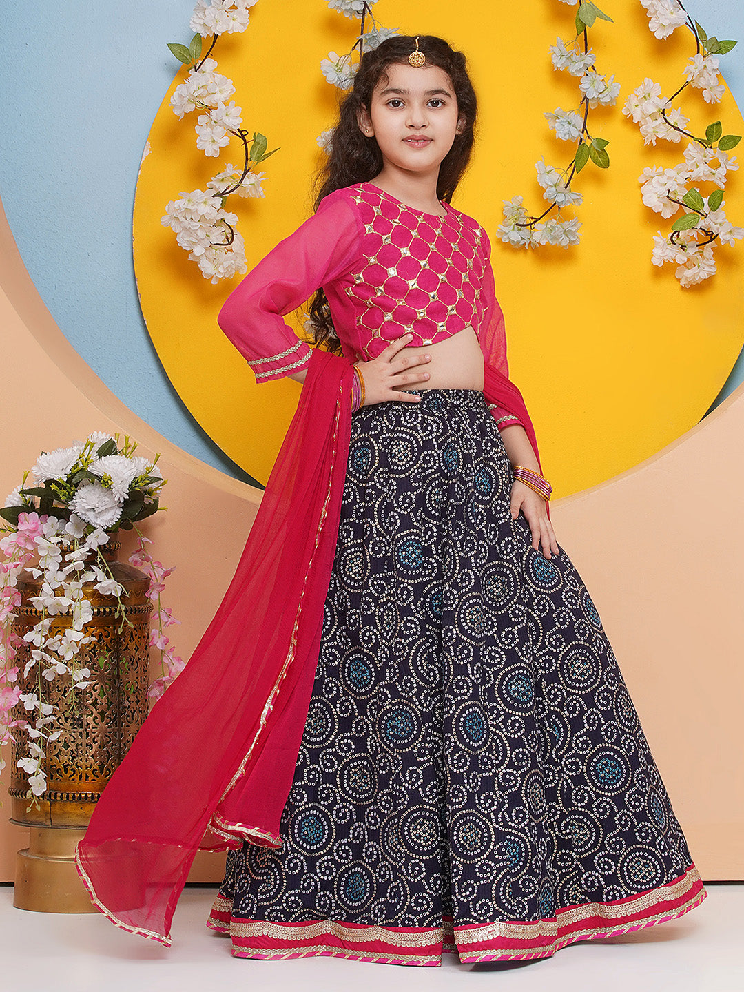 Bitiya by Bhama Girls Pink with Embroidered Choli, Navy Blue Bandhani Print Lace work Lehenga with Dupatta