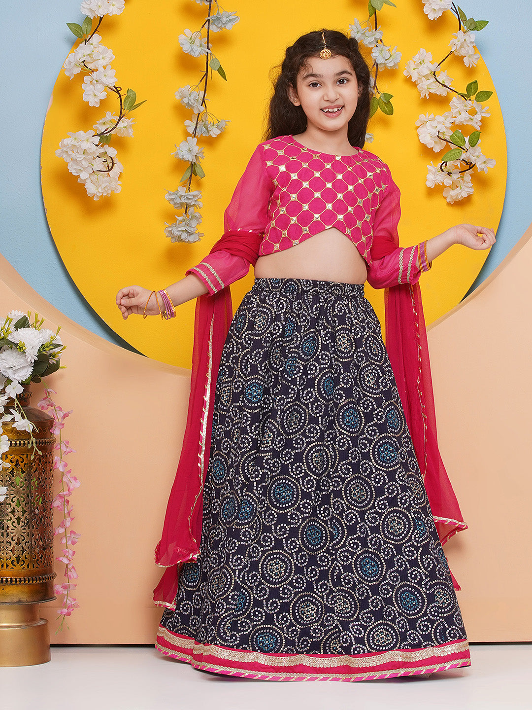 Bitiya by Bhama Girls Pink with Embroidered Choli, Navy Blue Bandhani Print Lace work Lehenga with Dupatta