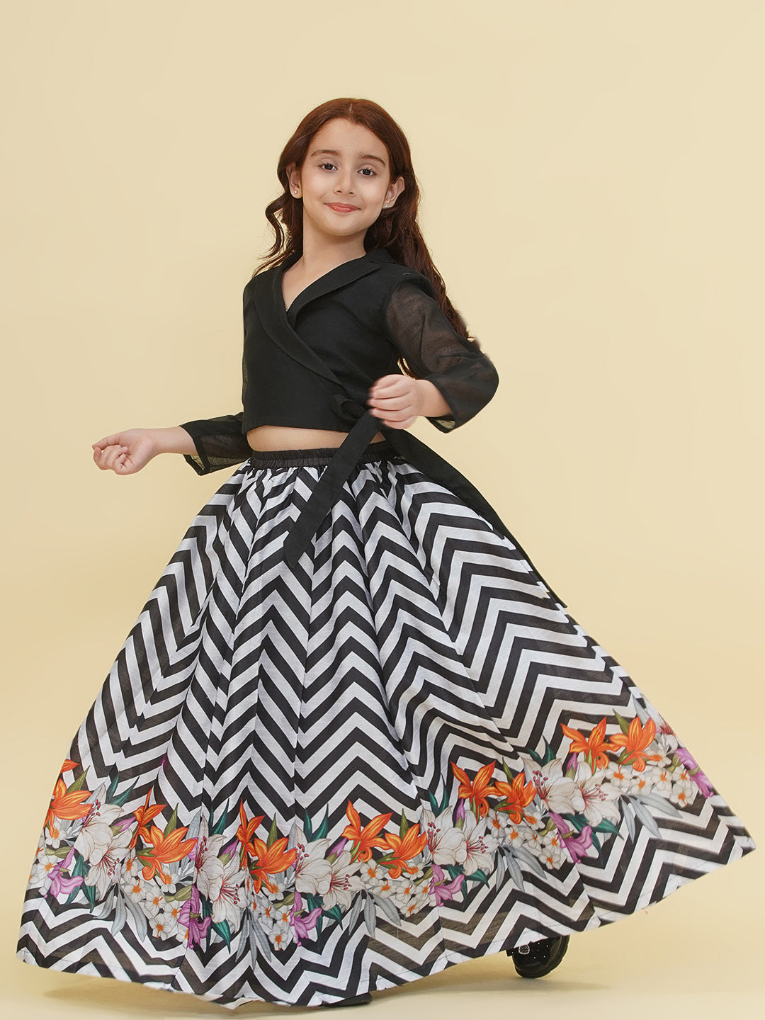Bitiya by Bhama Girls Indo-Western Black & Pink Digital Printed Choli Ready to wear Lehenga