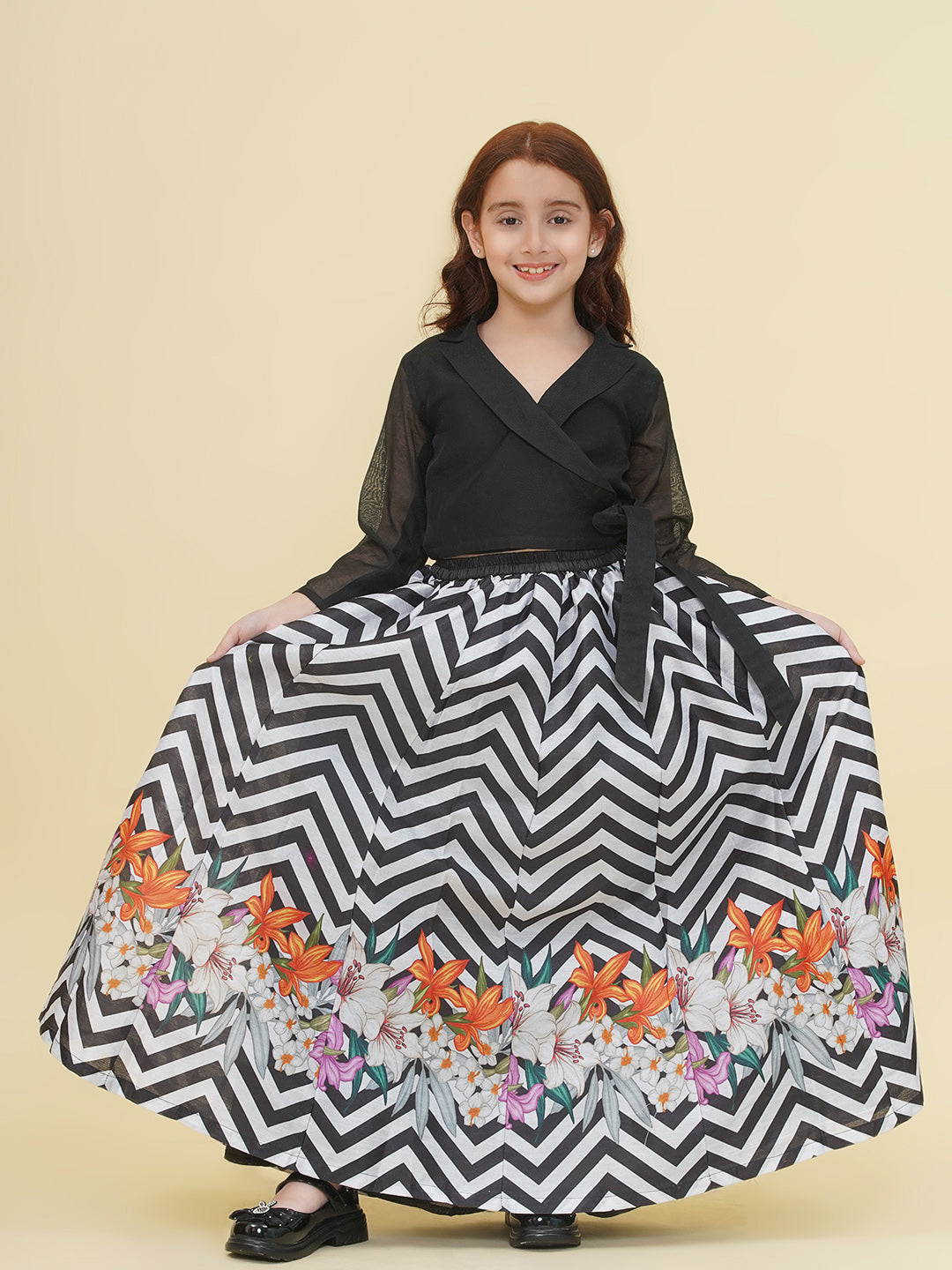 Bitiya by Bhama Girls Indo-Western Black & Pink Digital Printed Choli Ready to wear Lehenga