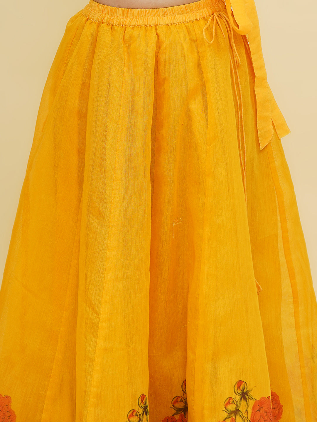 "Bitiya by Bhama  Girls Yellow Embroidered Choli & Yellow Digital Flower Print Ready to Wear Lehenga "