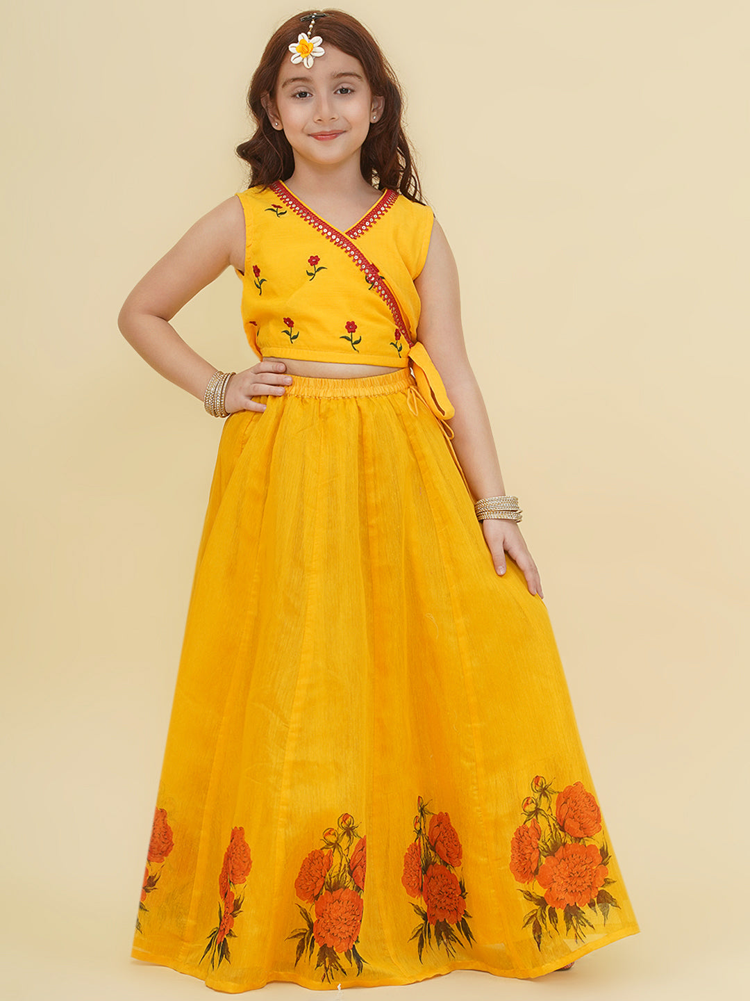 "Bitiya by Bhama  Girls Yellow Embroidered Choli & Yellow Digital Flower Print Ready to Wear Lehenga "