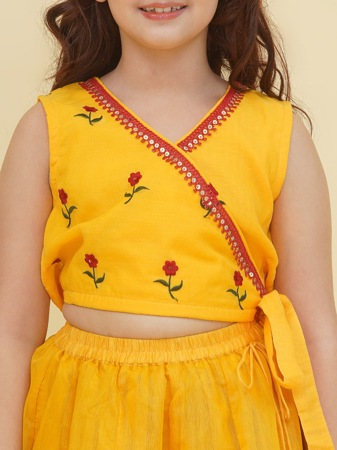 "Bitiya by Bhama  Girls Yellow Embroidered Choli & Yellow Digital Flower Print Ready to Wear Lehenga "