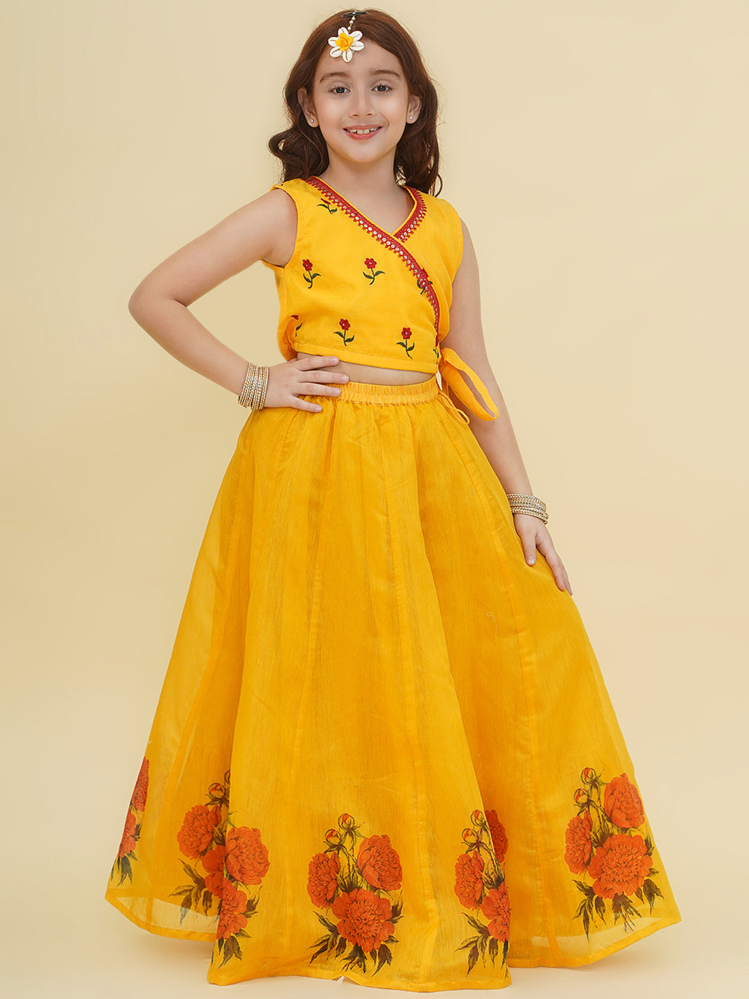 "Bitiya by Bhama  Girls Yellow Embroidered Choli & Yellow Digital Flower Print Ready to Wear Lehenga "