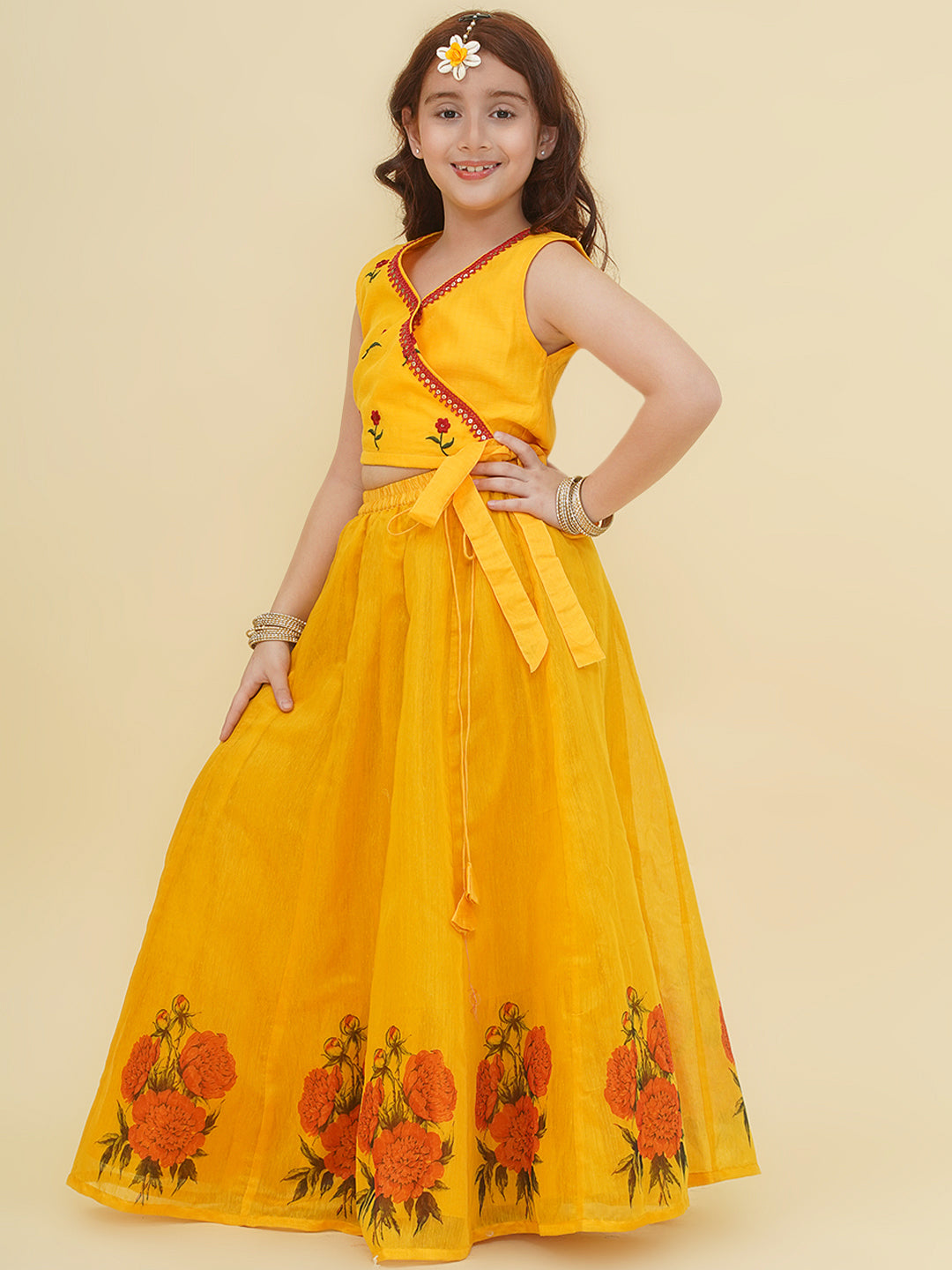 "Bitiya by Bhama  Girls Yellow Embroidered Choli & Yellow Digital Flower Print Ready to Wear Lehenga "