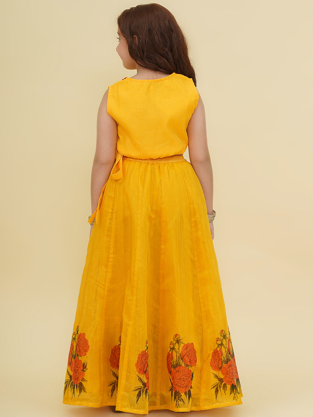 "Bitiya by Bhama  Girls Yellow Embroidered Choli & Yellow Digital Flower Print Ready to Wear Lehenga "