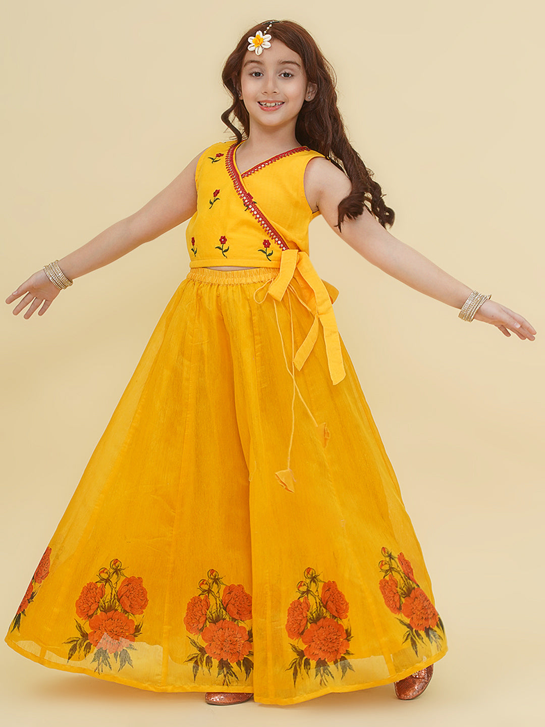 "Bitiya by Bhama  Girls Yellow Embroidered Choli & Yellow Digital Flower Print Ready to Wear Lehenga "