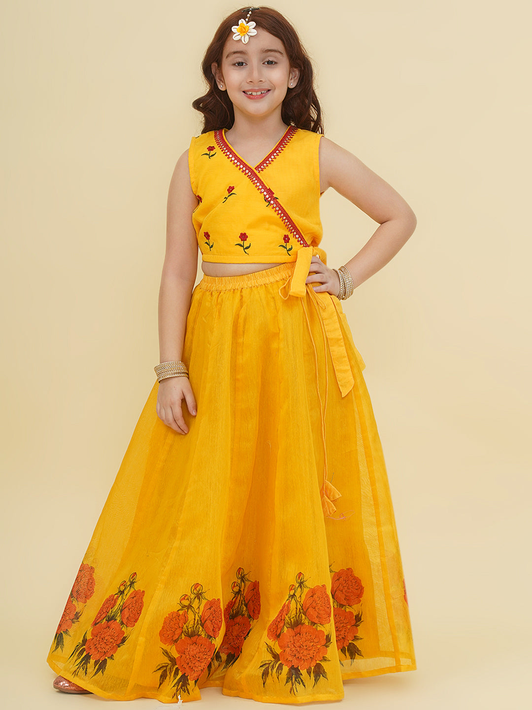 "Bitiya by Bhama  Girls Yellow Embroidered Choli & Yellow Digital Flower Print Ready to Wear Lehenga "
