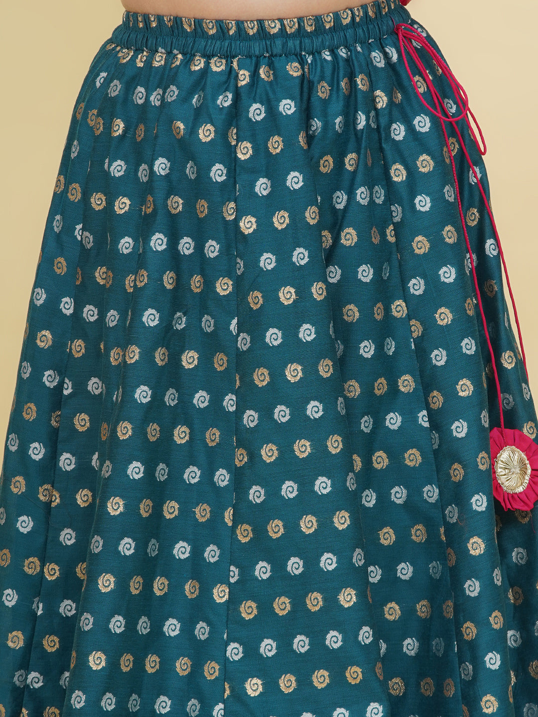 "Bitiya by Bhama  Girls Pink Embroidered Choli Turquoise Blue Woven Design Ready to Wear Lehenga With Dupatta"
