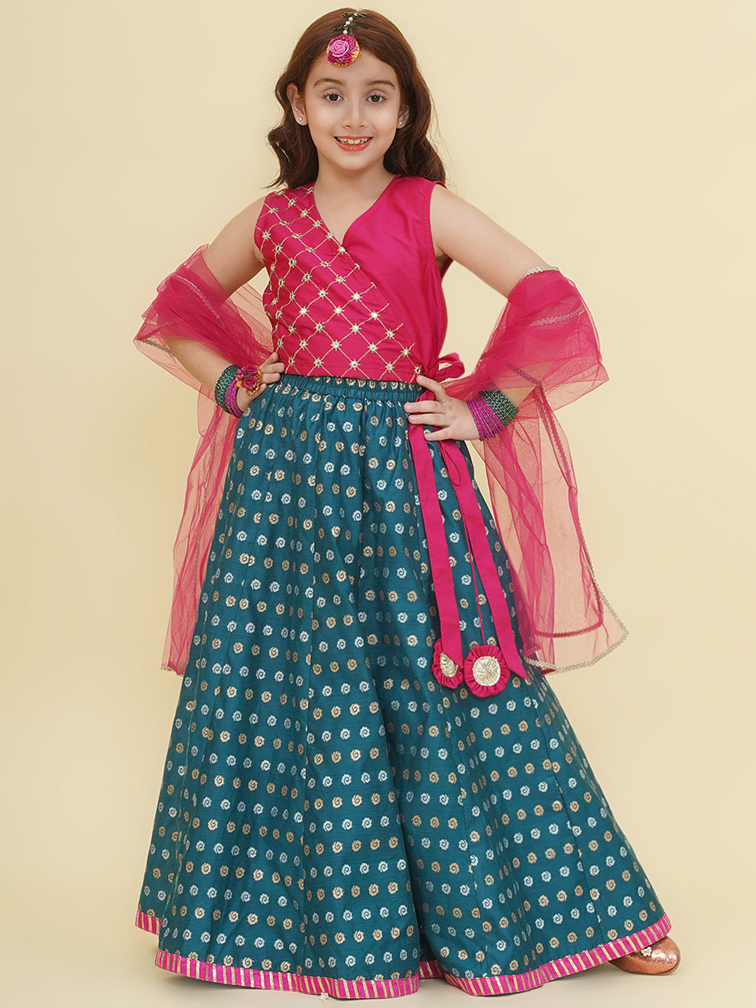 "Bitiya by Bhama  Girls Pink Embroidered Choli Turquoise Blue Woven Design Ready to Wear Lehenga With Dupatta"