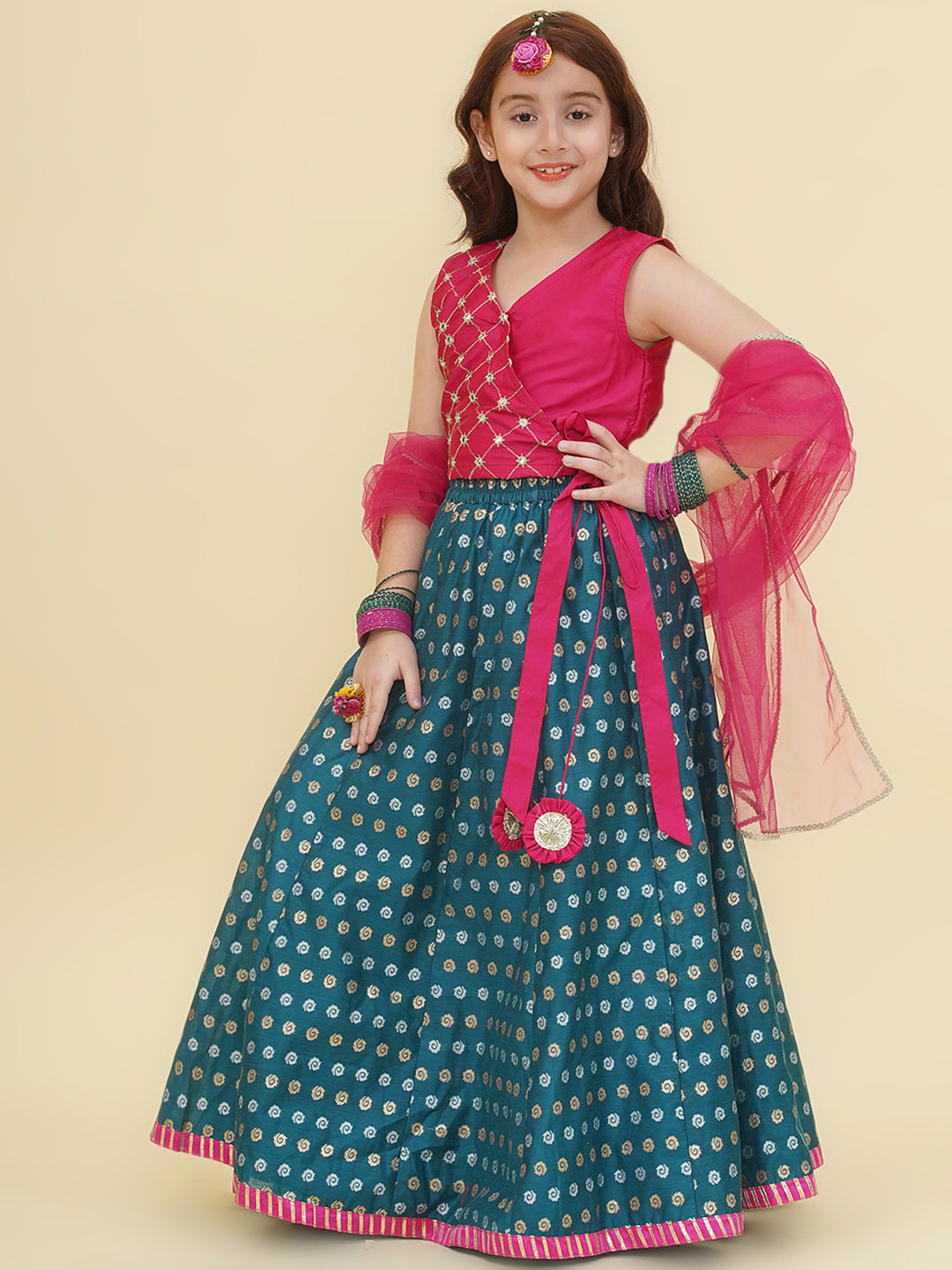 "Bitiya by Bhama  Girls Pink Embroidered Choli Turquoise Blue Woven Design Ready to Wear Lehenga With Dupatta"