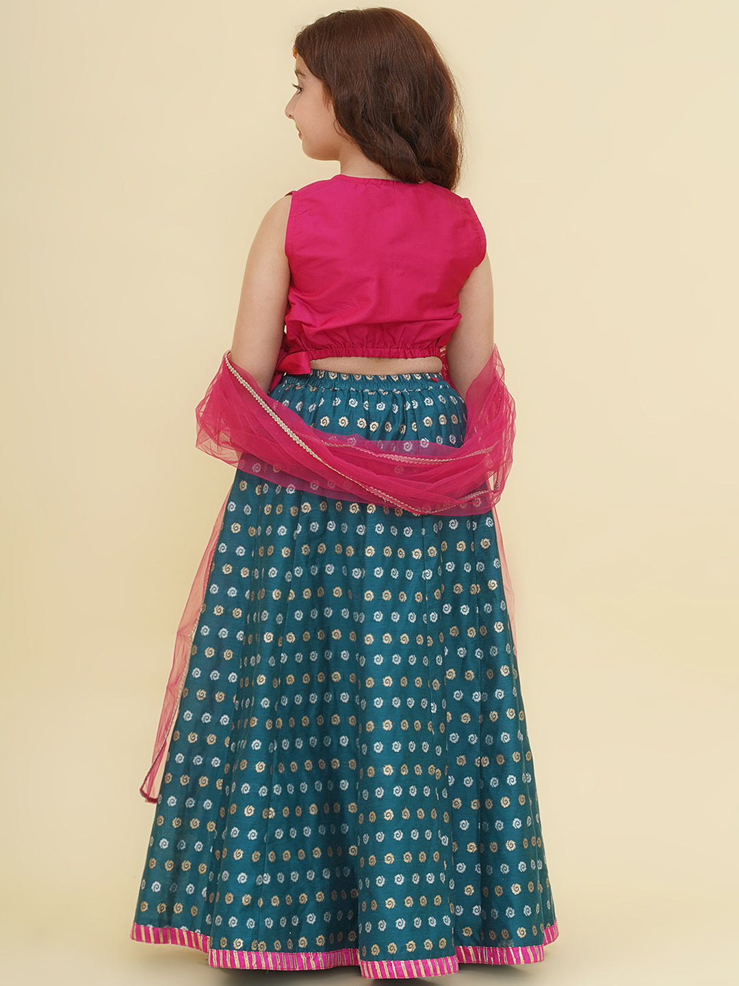 "Bitiya by Bhama  Girls Pink Embroidered Choli Turquoise Blue Woven Design Ready to Wear Lehenga With Dupatta"