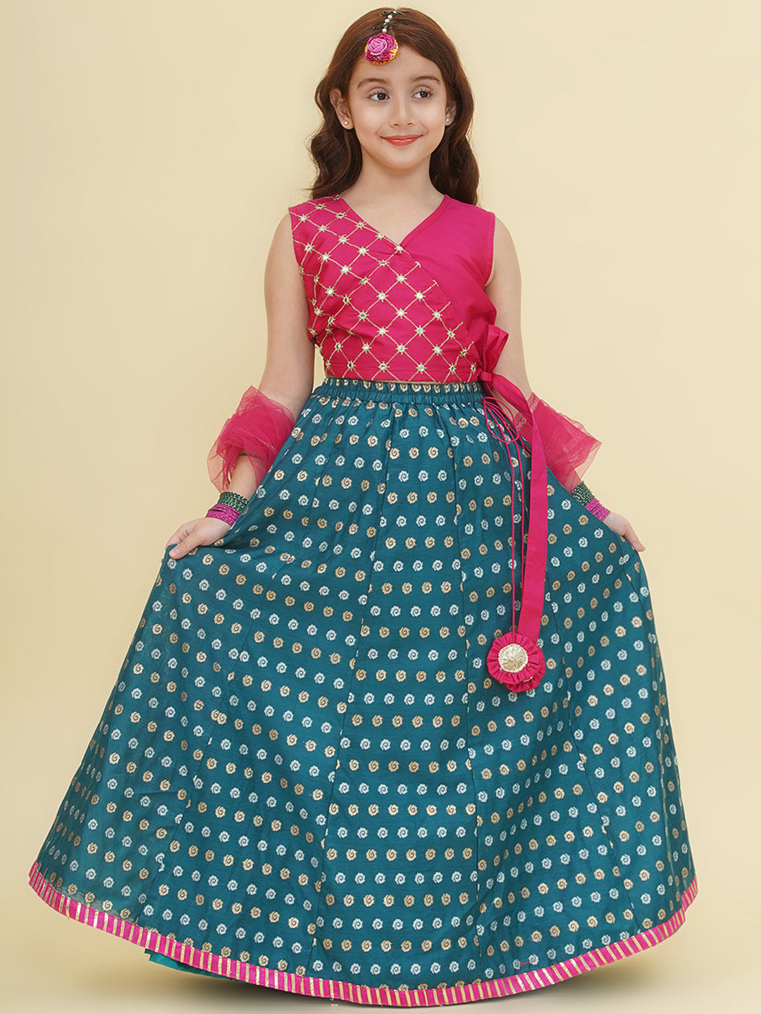 "Bitiya by Bhama  Girls Pink Embroidered Choli Turquoise Blue Woven Design Ready to Wear Lehenga With Dupatta"