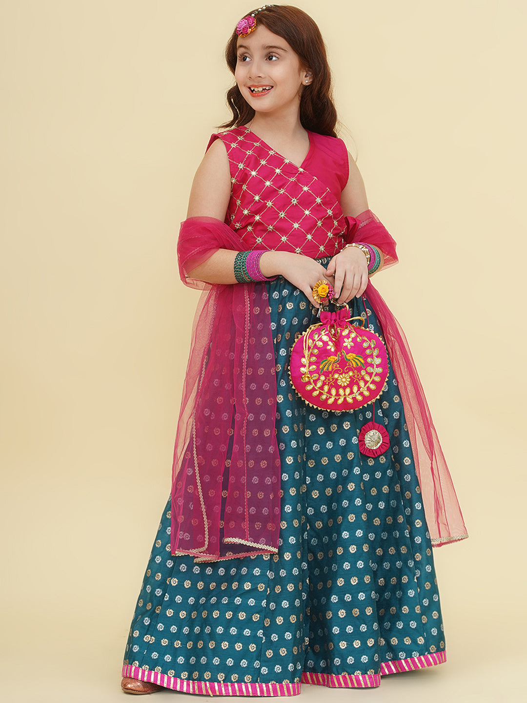 "Bitiya by Bhama  Girls Pink Embroidered Choli Turquoise Blue Woven Design Ready to Wear Lehenga With Dupatta"