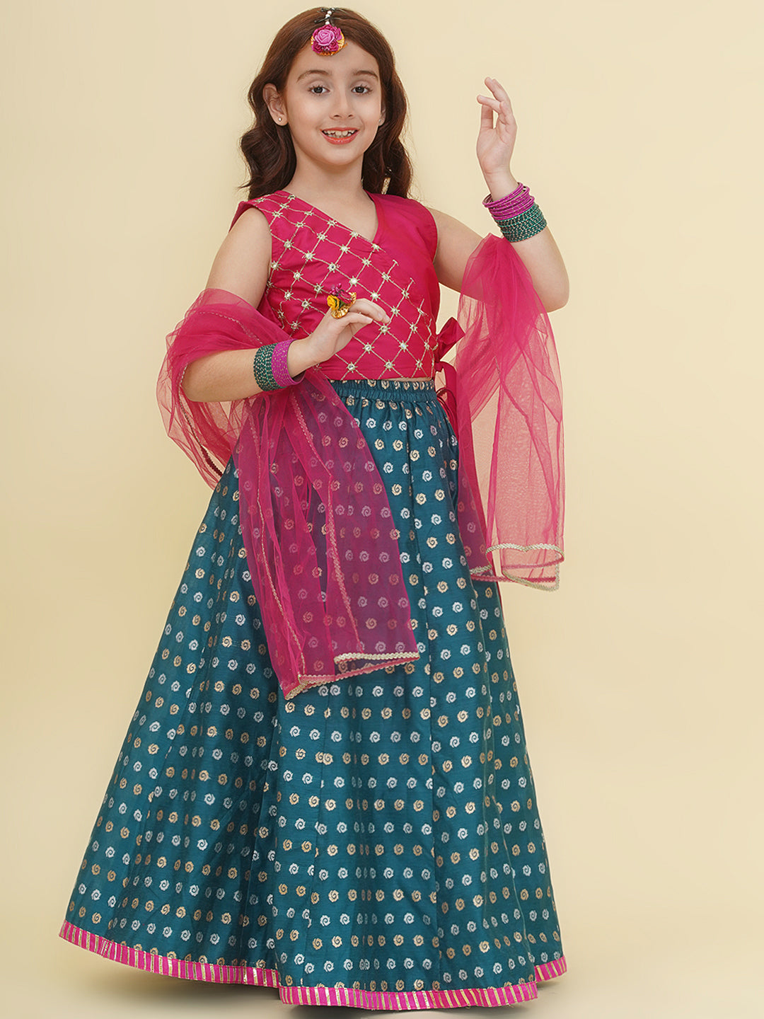 "Bitiya by Bhama  Girls Pink Embroidered Choli Turquoise Blue Woven Design Ready to Wear Lehenga With Dupatta"