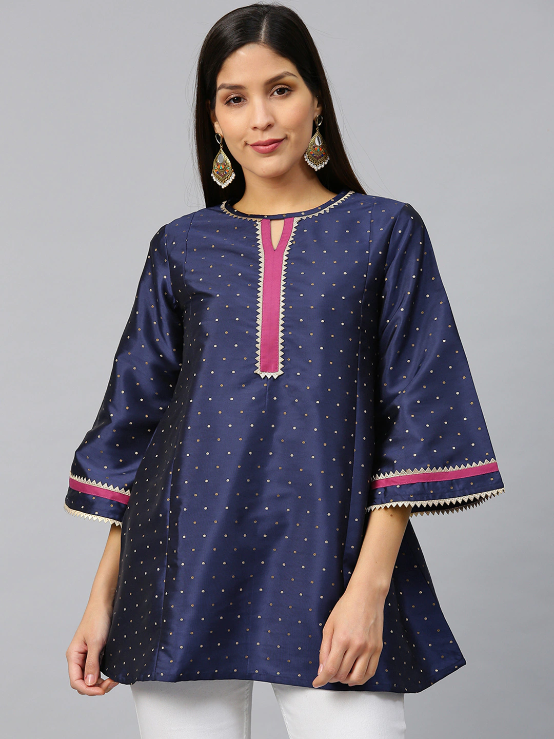 Bhama Couture Navy Blue & Golden Woven Design Silk A-Line Tunic