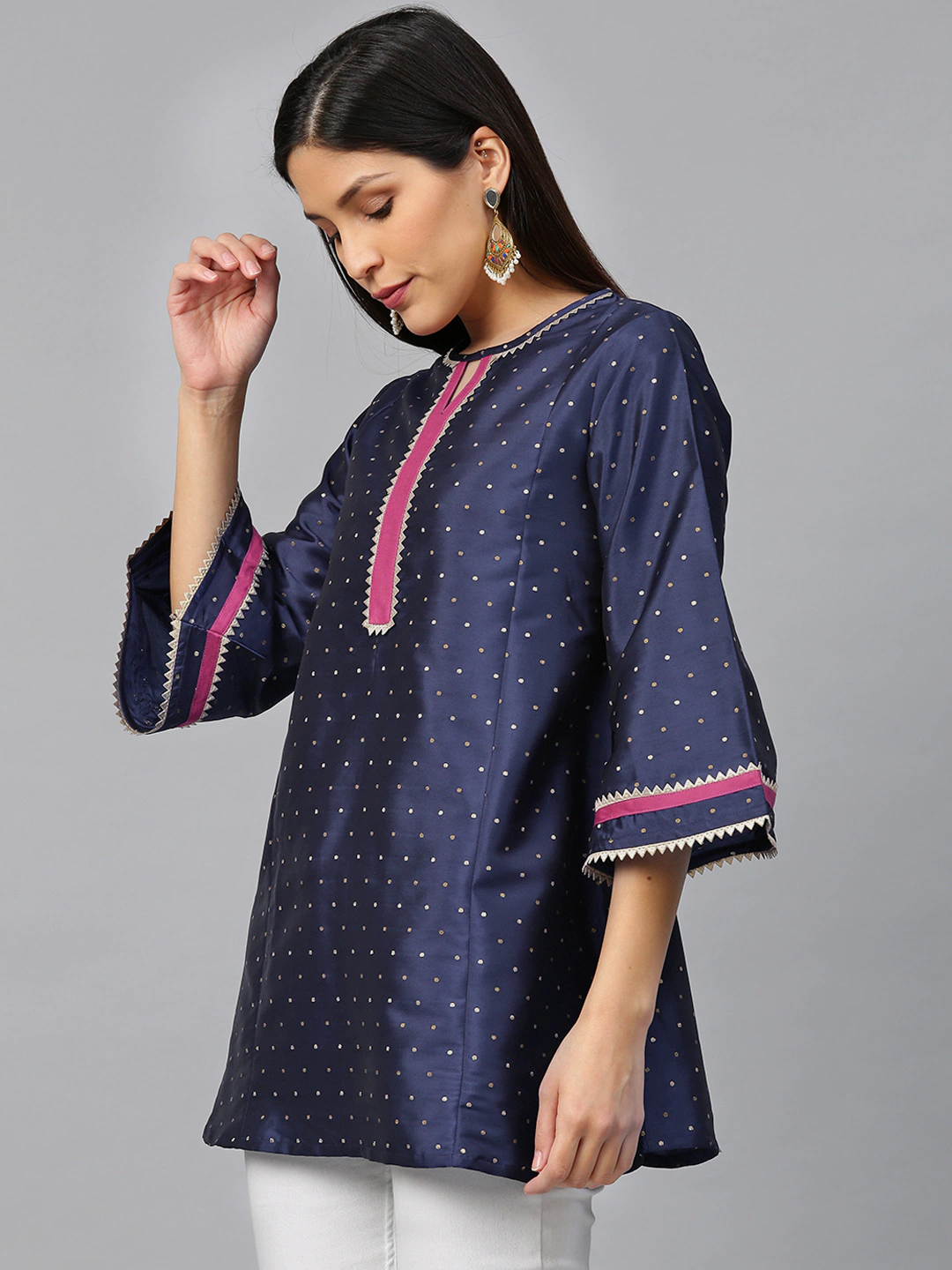 Bhama Couture Navy Blue & Golden Woven Design Silk A-Line Tunic