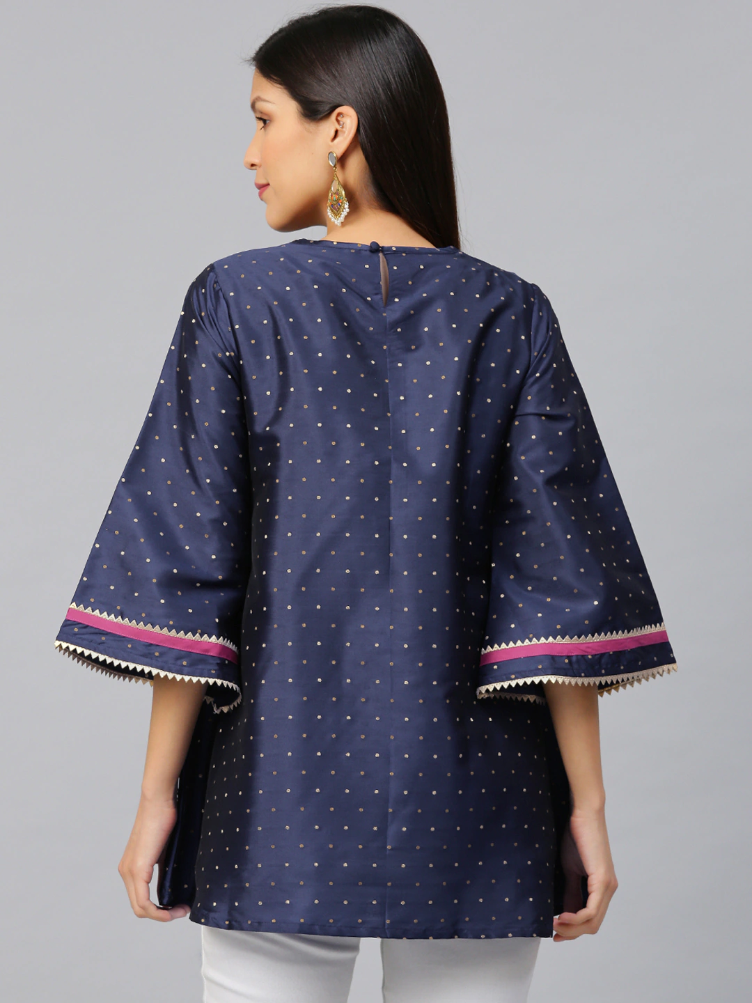 Bhama Couture Navy Blue & Golden Woven Design Silk A-Line Tunic