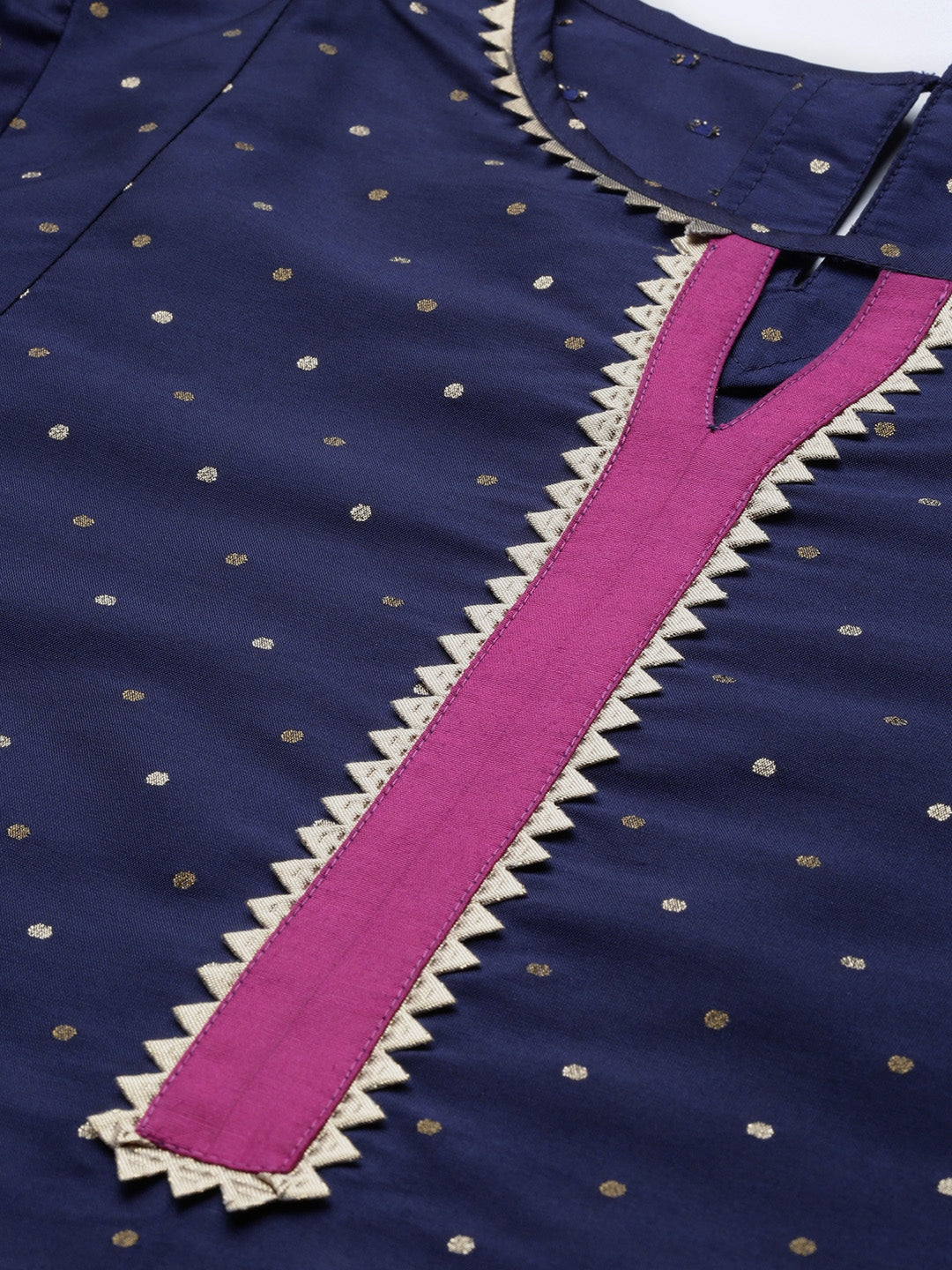 Bhama Couture Navy Blue & Golden Woven Design Silk A-Line Tunic