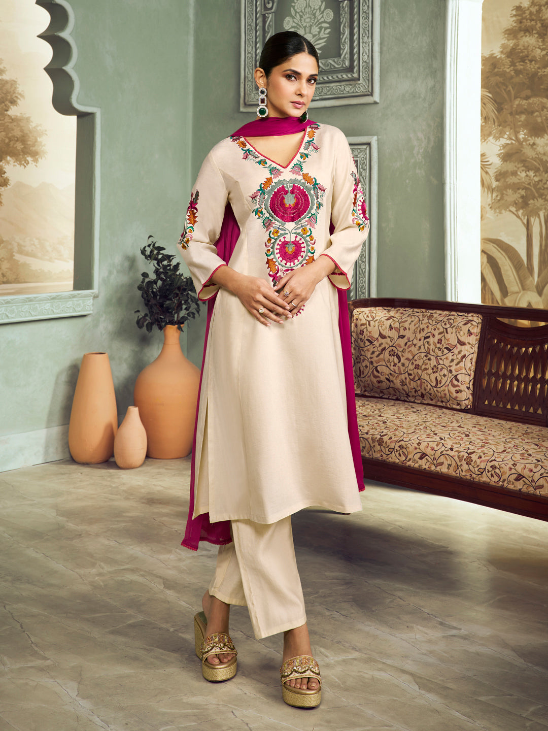 Bhama Couture Off White Empire Embroidery Straight Kurta Set With Dupatta For Women