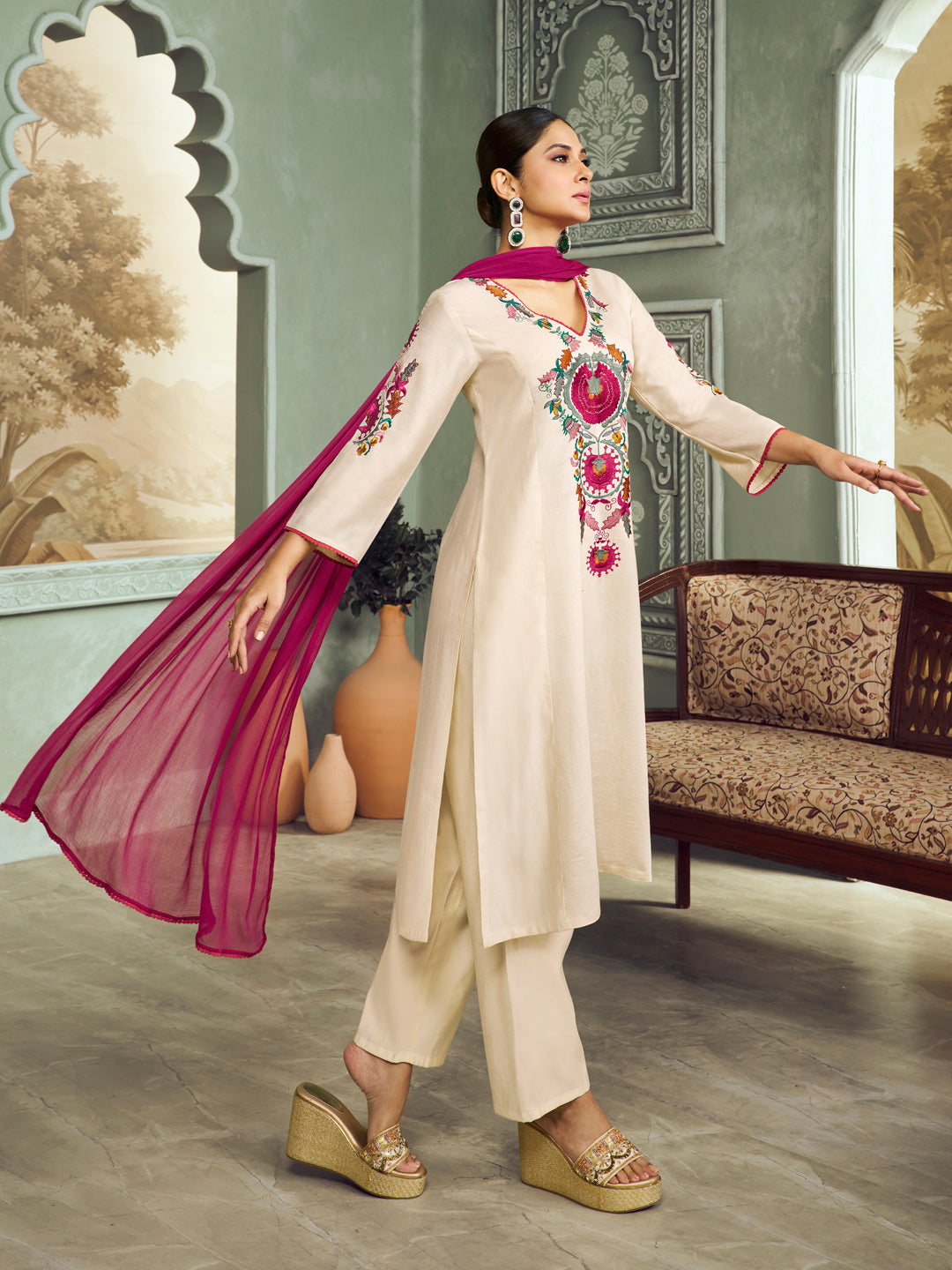 Bhama Couture Off White Empire Embroidery Straight Kurta Set With Dupatta For Women