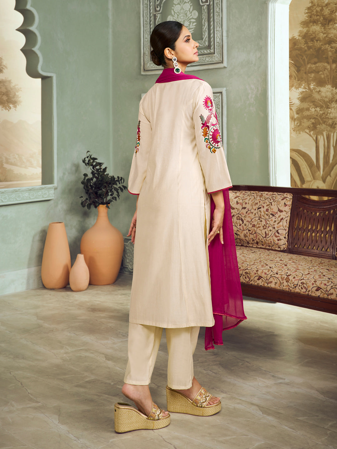 Bhama Couture Off White Empire Embroidery Straight Kurta Set With Dupatta For Women