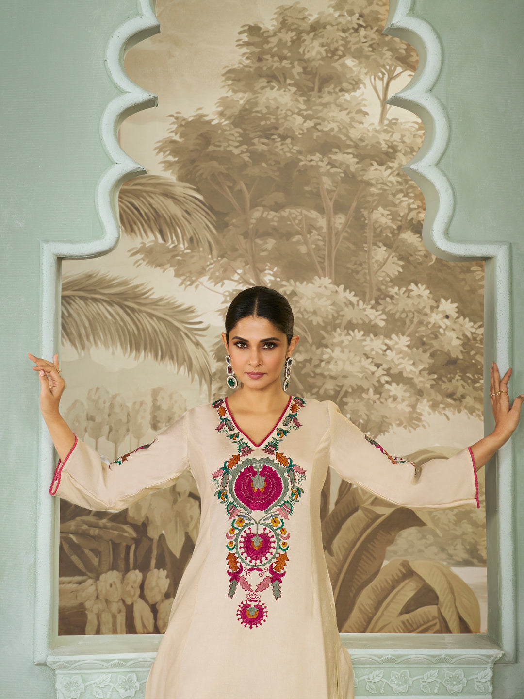 Bhama Couture Off White Empire Embroidery Straight Kurta Set With Dupatta For Women
