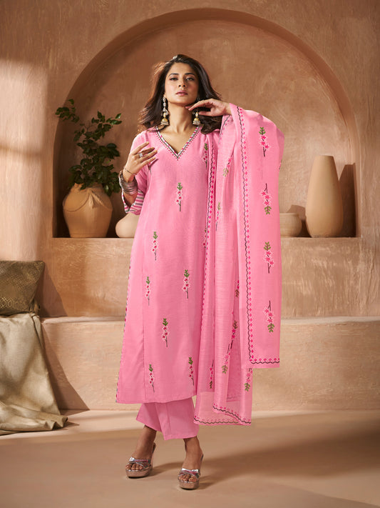 Jennifer Winget Bhama Couture Elegant Pink Floral Embroidery Straight Kurta Set With Printed Dupatta For Women