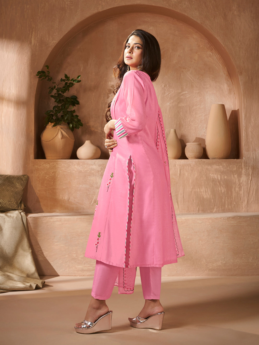 Bhama Couture Elegant Peach Floral Embroidery Straight Kurta Set With Printed Dupatta For Women
